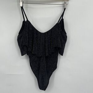 Show Me Your Mumu Black Tara Dancing Queen Ruffle Shimmer Bodysuit Size XS